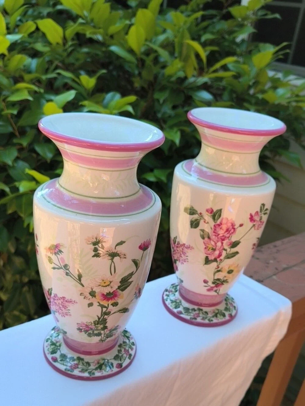 Laura Ashley Pink and White Floral Ceramic Vase Pair with Green Accents
